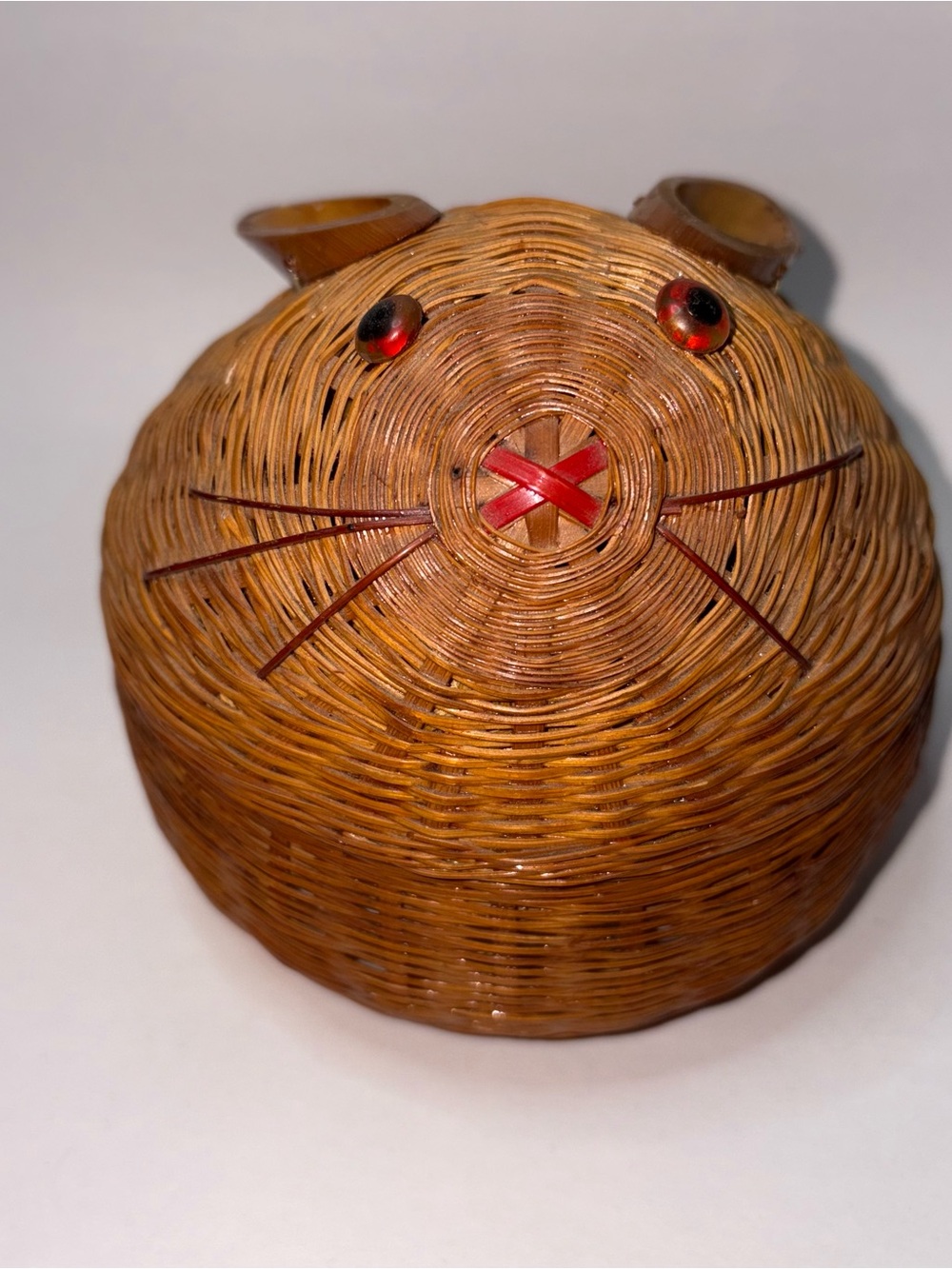 Vintage Wicker Bunny Rabbit Basket w/Lid Metal Inside 4.5”x4.5” Woven Boho